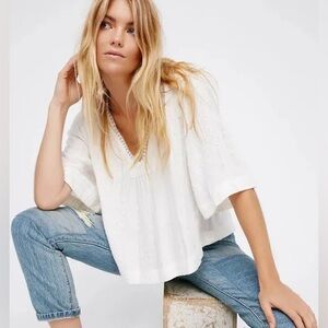 FREE PEOPLE Get Over It V-Neck Blouse Ivory Metallic Size Small